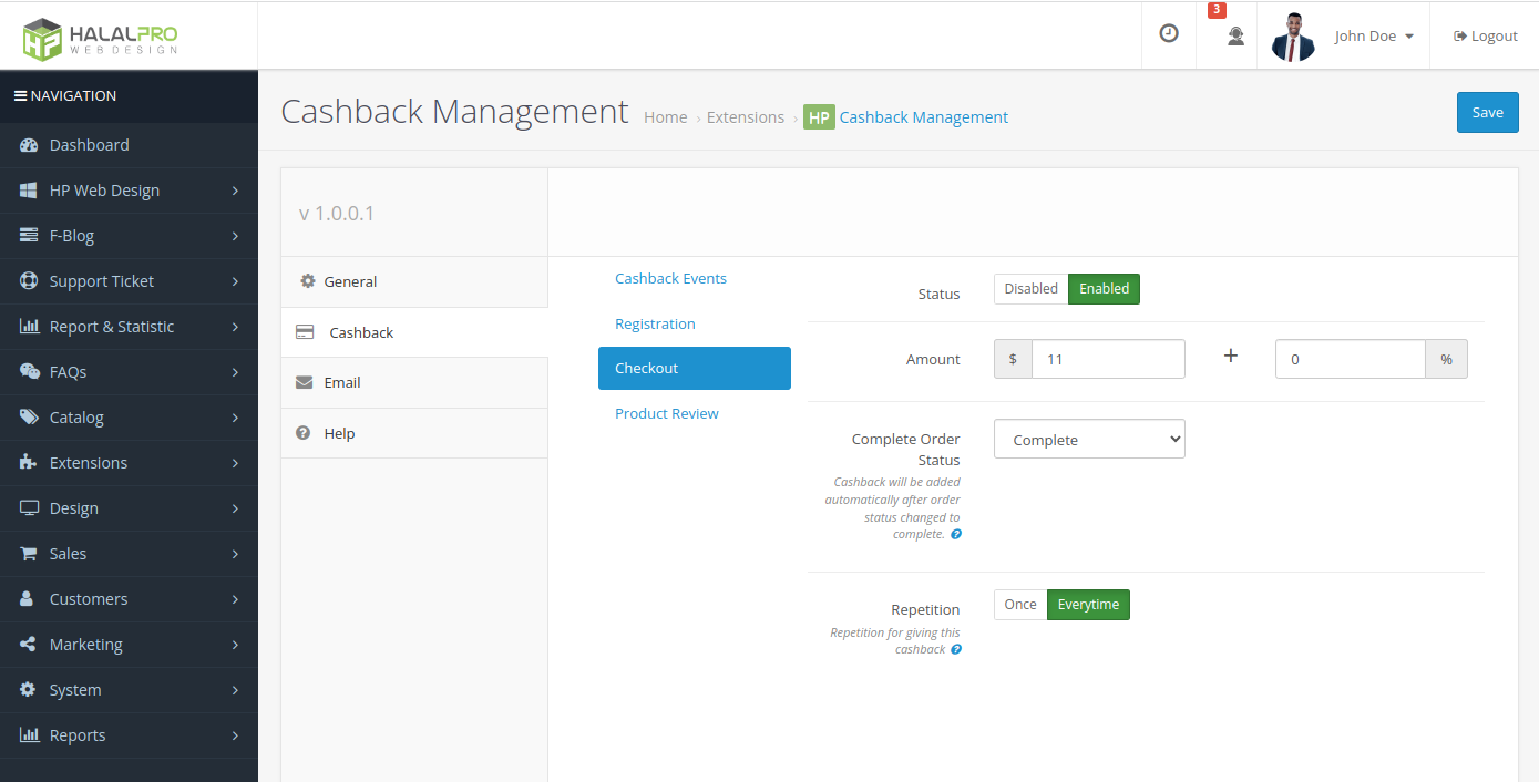 set amount of checkout cashback event opencart